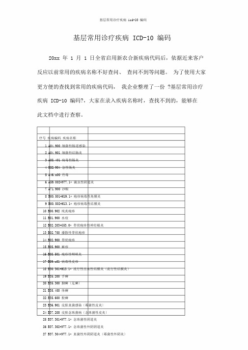 基层常用诊断疾病icd10编码 