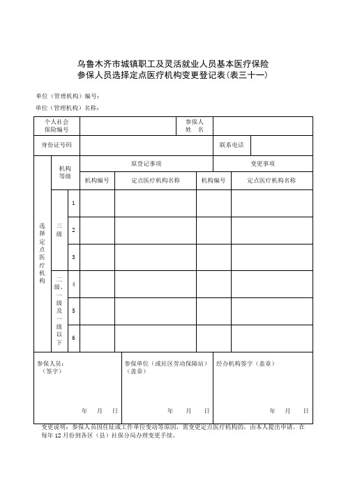 乌鲁木齐市城镇职工及灵活就业人员基本医疗保险参保人员选择定点医疗机构变更登记表(表三十一)
