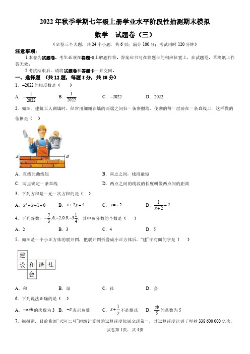 2022年秋季学期七年级上册学业水平阶段性抽测期末模拟数学  试题卷(三)