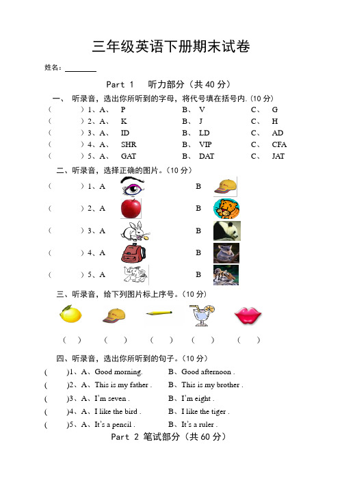 湘少版三年级下册英语期末试卷
