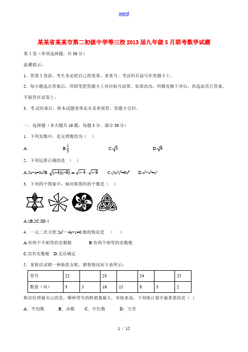 四川省攀枝花市第二初级中学等三校2013届九年级数学5月联考试题