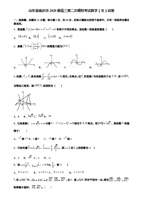 【附15套精选模拟试卷】山东省临沂市2020届高三第二次模拟考试数学(文)试卷含解析
