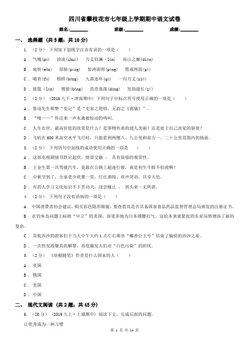 四川省攀枝花市七年级上学期期中语文试卷