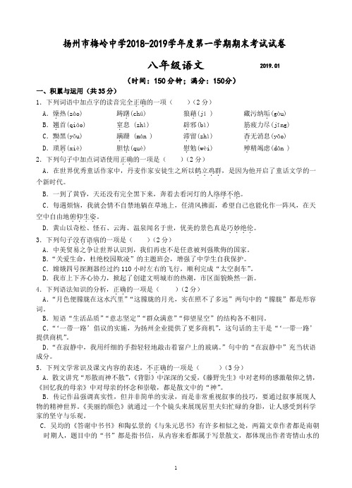 扬州市梅岭中学2018-2019学年度第一学期期末考试试卷八年级语文(含答案)