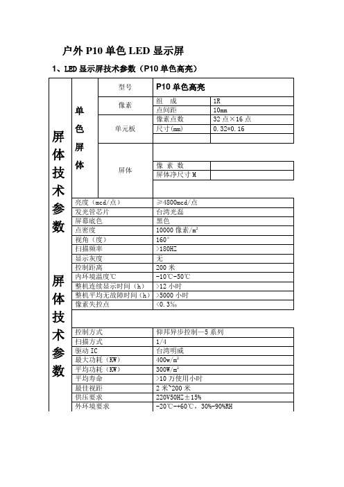 户外P10单色LED显示屏参数