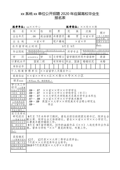 最新整理单位公开招聘2020年应届高校毕业生登记表模板.doc
