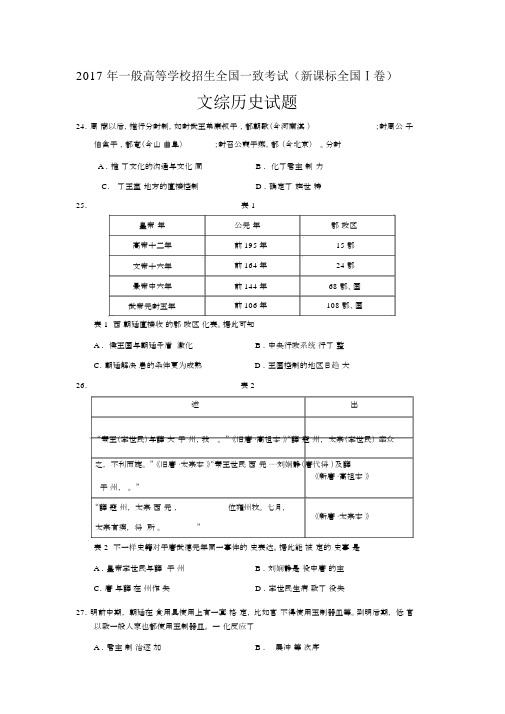 2017年新课标全国I卷文综历史试题及答案