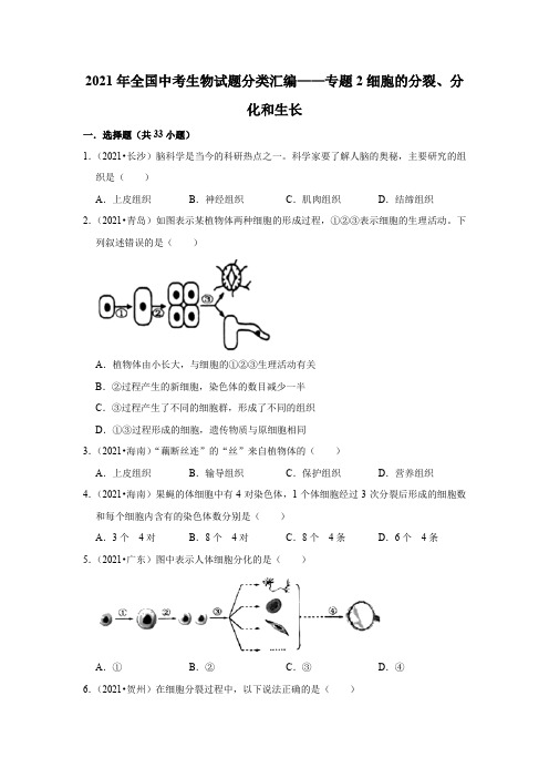 (word版附解析)细胞的分裂、分化和生长——2021年全国中考生物试题分类汇编