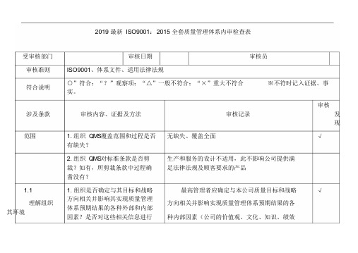 2019最新ISO9001：2015全套质量管理体系内审检查表_202001031324567