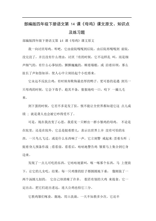 部编版四年级下册语文第14课《母鸡》课文原文、知识点及练习题