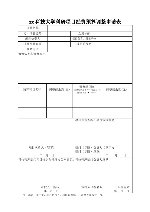 xx科技大学科研项目经费预算调整申请表