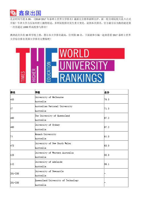 2017年泰晤士世界大学排名：澳洲大学排名