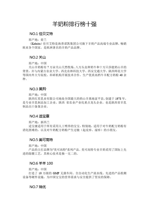 羊奶粉排行榜十强