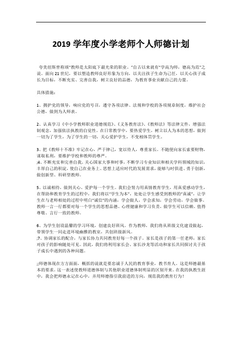 2019学年度小学老师个人师德计划
