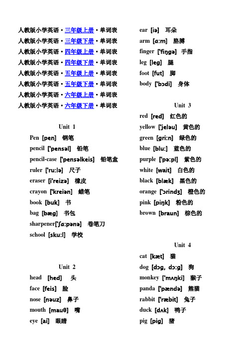 人教版(PEP)小学英语单词表(按年级)
