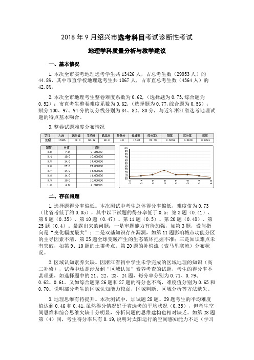 2018年9月绍兴选考科目考试诊断性考试