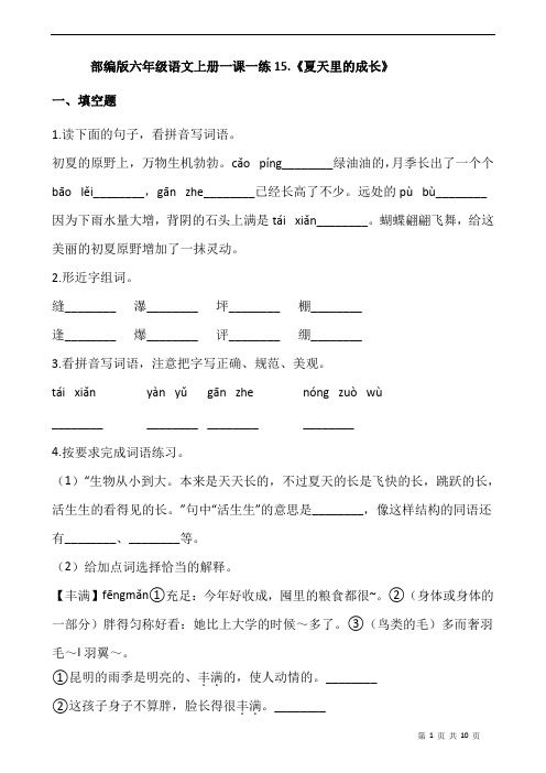 部编版六年级语文上册一课一练15.《夏天里的成长》