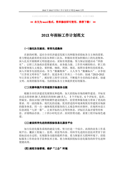 2018年201X年招标工作计划范文-精选word文档 (2页)