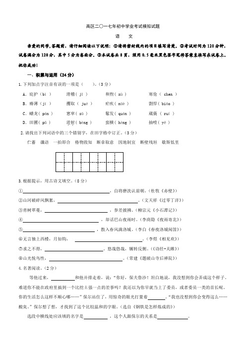 山东省威海市高区2017届中考模拟考试语文试卷(含答案)