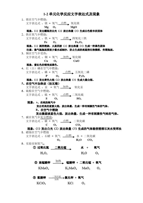 人教版九年级上册1-2单元化学反应文字表达式及现象