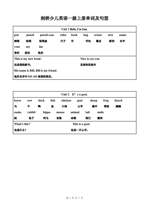 剑桥少儿英语一级上册单词及句型(最新)
