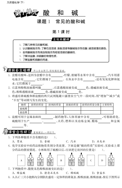 【课课练】九年级化学下册 10.1 常见的酸和碱第1课时测试题