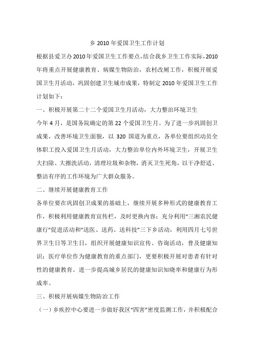 乡2010年爱国卫生工作计划