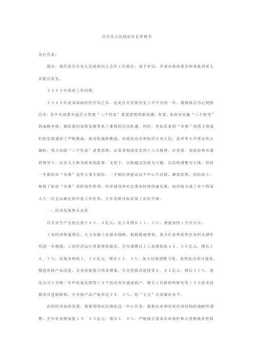 2003年自贡市人民政府工作报告