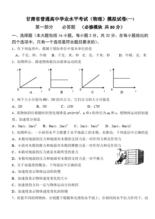 甘肃省普通高中学业水平考试物理