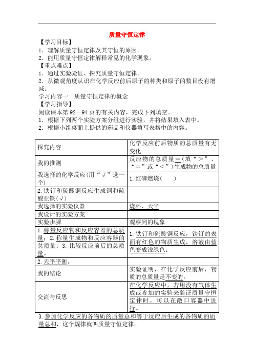 初中九年级化学上册《质量守恒定律》设计学案