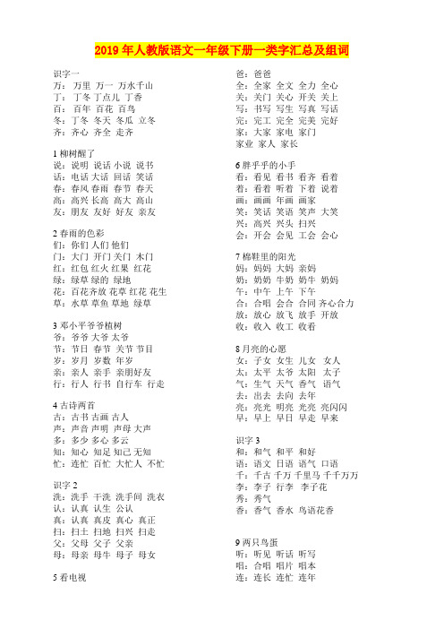 2019年人教版语文一年级下册一类字汇总及组词