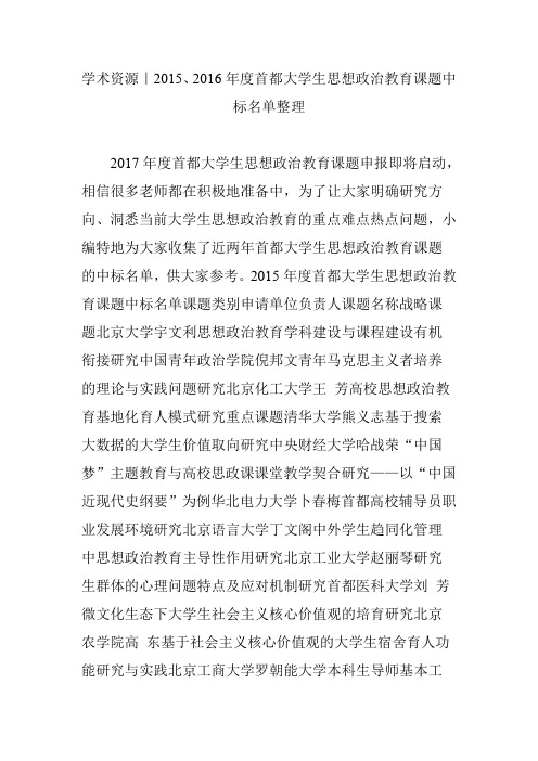 学术资源｜2015、2016年度首都大学生思想政治教育课题中标名单整理