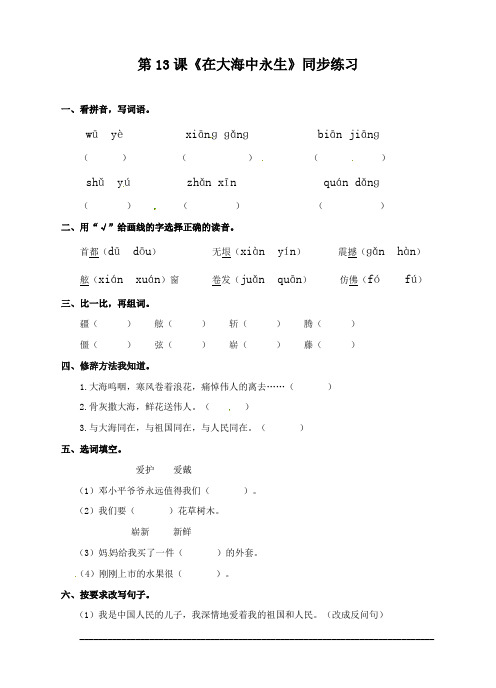 五年级上册语文一课一练-第四单元第13课《在大海中永生》∣苏教版(1)