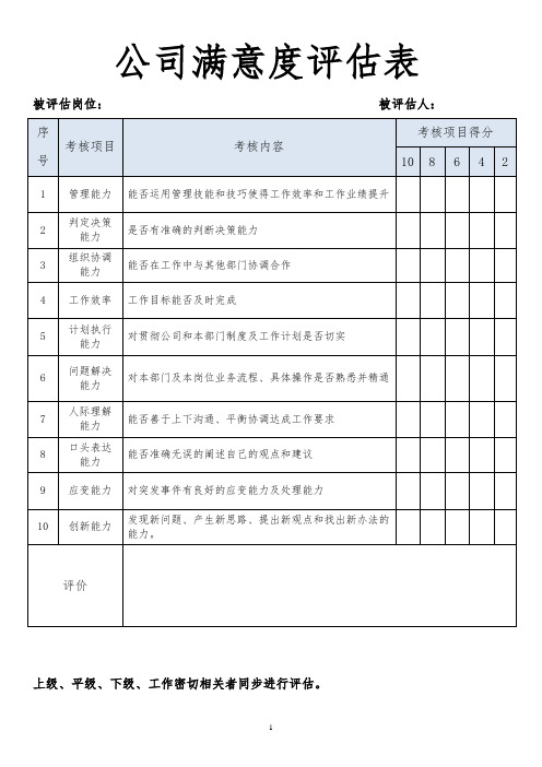 公司满意度评估表模板