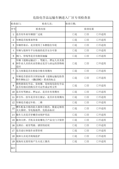 危险化学品运输车辆进入厂区专项检查表
