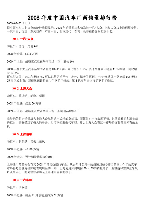 2008年中国汽车厂商销量排行