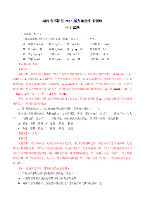 湖南省邵阳县2016届九年级中考调研语文试题解析(解析版)