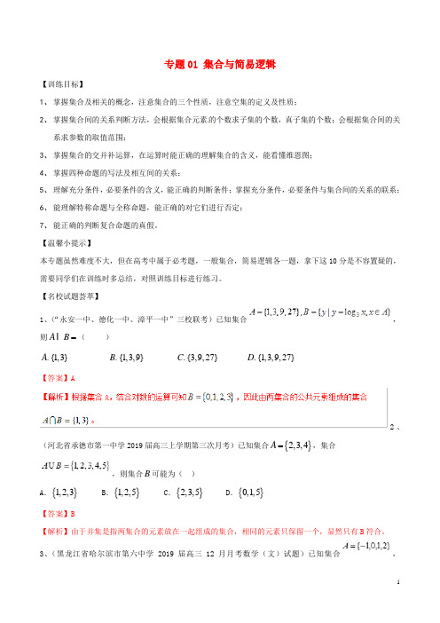 2019年高考数学二轮复习解题思维提升专题01集合与简易逻辑训练手册