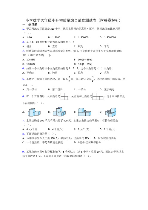 小学数学六年级小升初质量综合试卷测试卷(附答案解析)