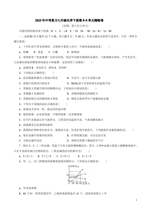 2023年中考复习人教版九年级化学下册第8-9单元精练卷附答案