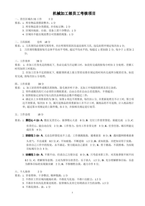 机械加工部员工考核项目