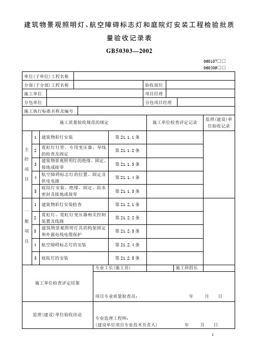 建筑物景观照明灯、标志灯和庭院灯安装工程检验批质量验收记录表