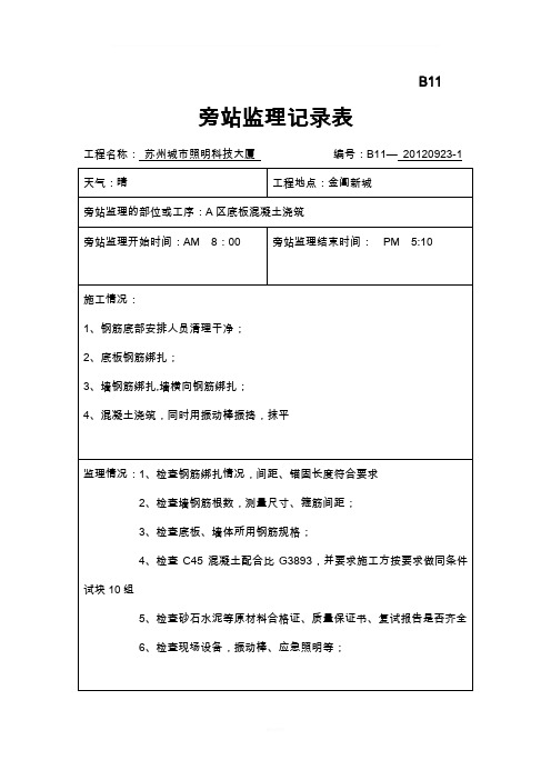 混凝土浇筑旁站监理记录表