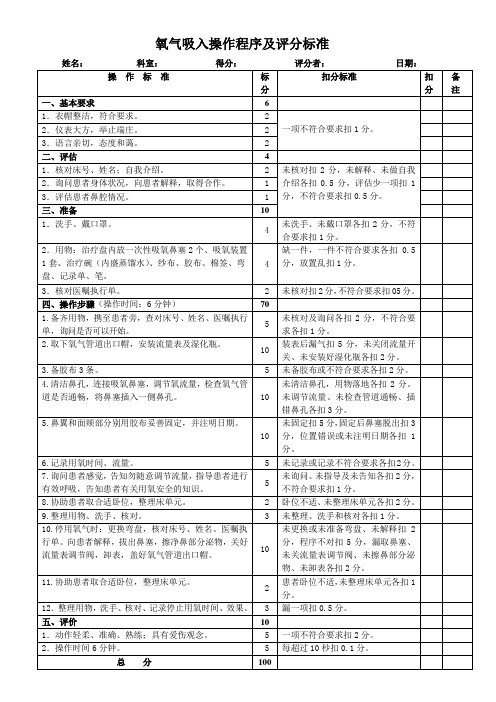 氧气吸入操作程序及评分标准