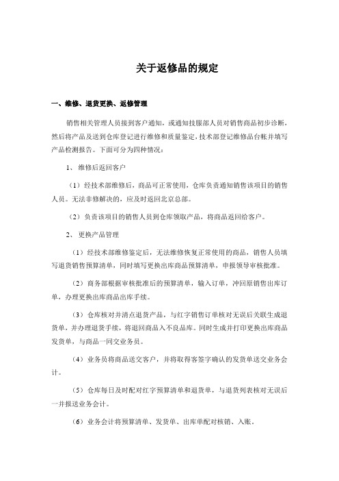 关于返修品的规定