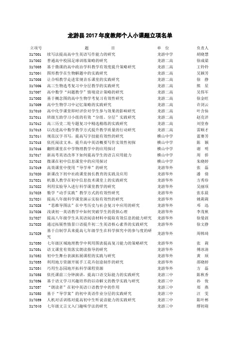 龙游县2017年度教师个人小课题立项名单