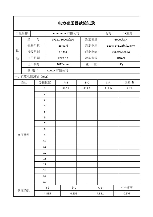 220kv电力变压器试验报告