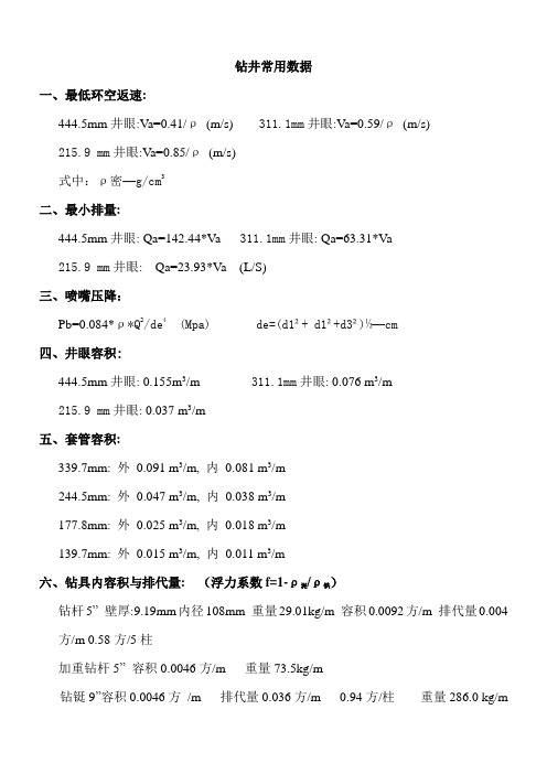 钻井常用数据