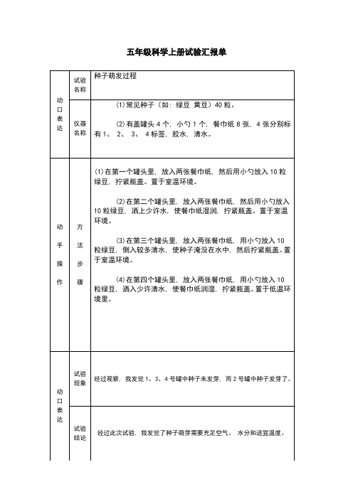 2021年冀教版五年级科学上册实验报告单新编