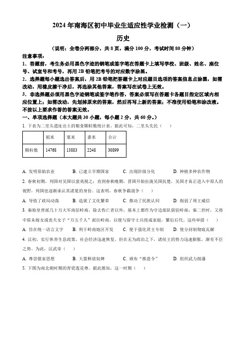 精品解析：2024年广东省佛山市南海区中考一模历史试题(原卷版)